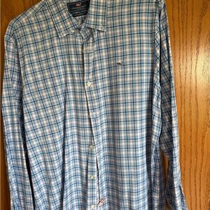 Vineyard Vines Men's Blue and White Plaid Shirt